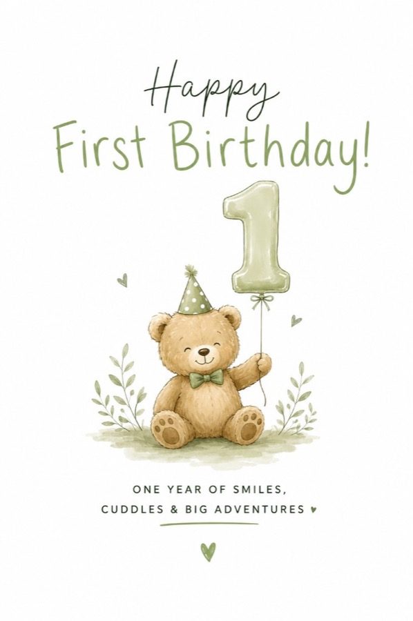 Smiles, Cuddles & Adventures first birthday card